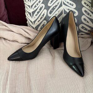 Marc Fisher black leather pointed toe block heels with croc leather detail 9M